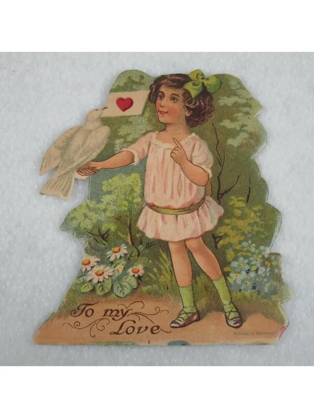 Vintage Valentine Die Cut Stand Up Girl Pink Dress & White Dove 1920-30s Germany